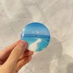 Personalised round photo magnet travel ocean sandbar island