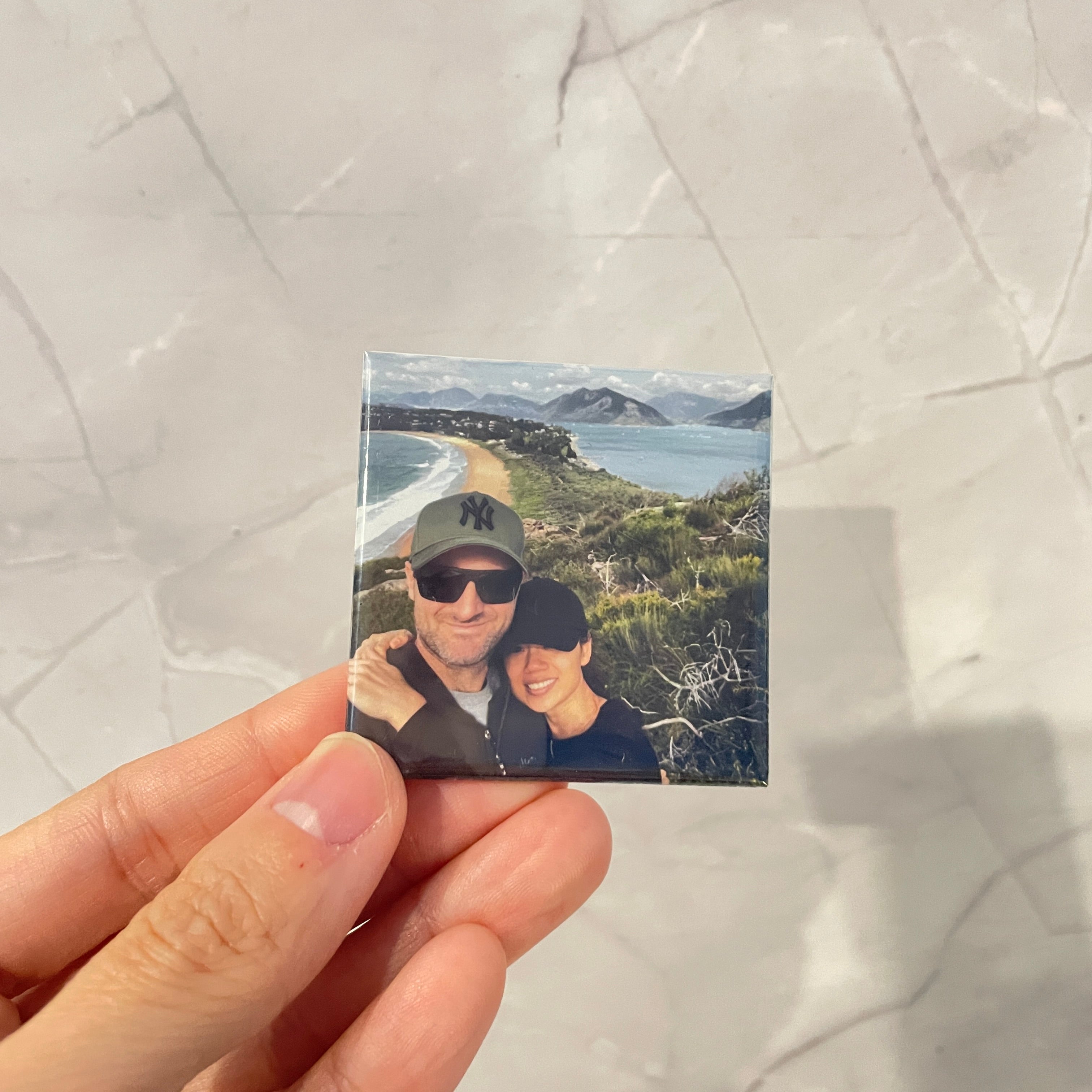 Custom personalised square photo magnet of a couple travelling in Australia